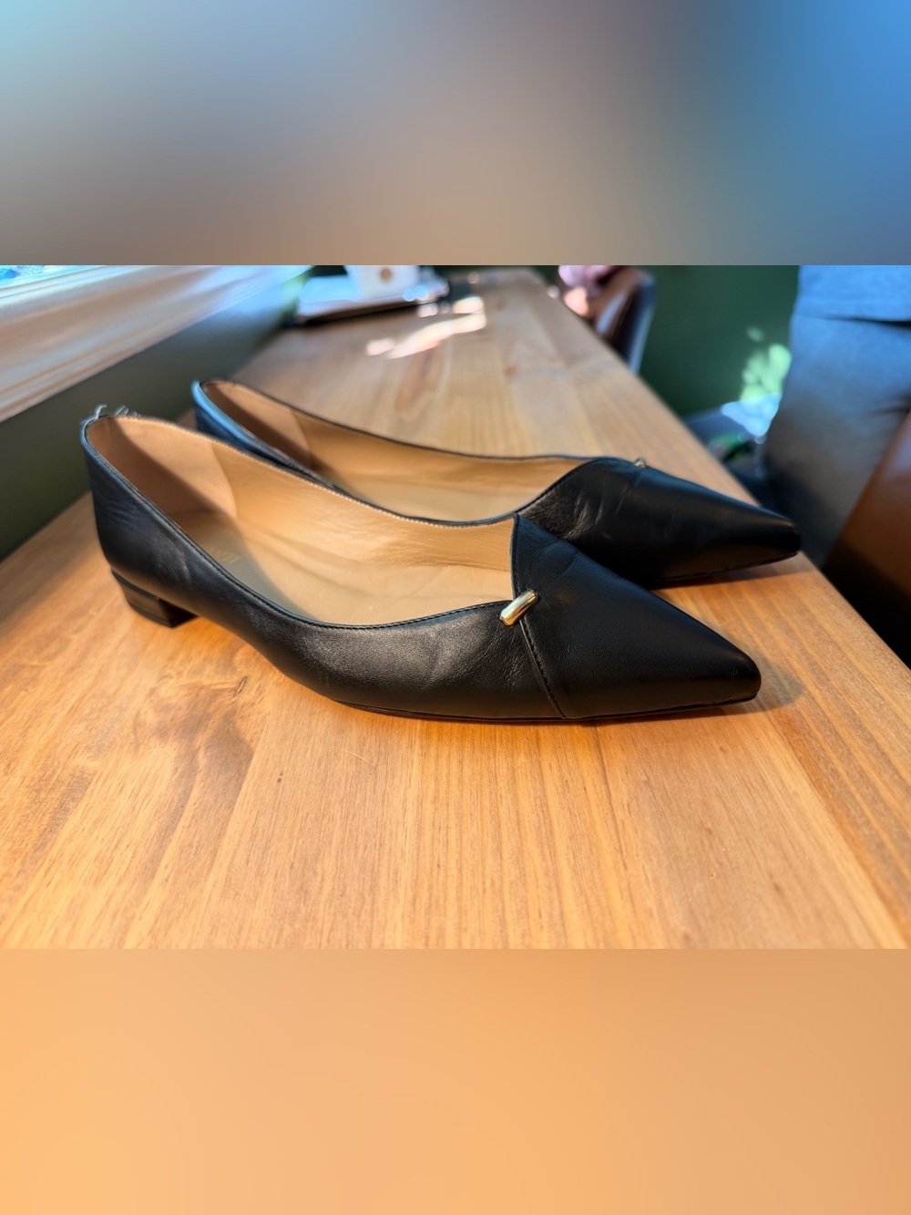 LK Bennett Black Pointed-Toe Leather Flats with Gold Accent